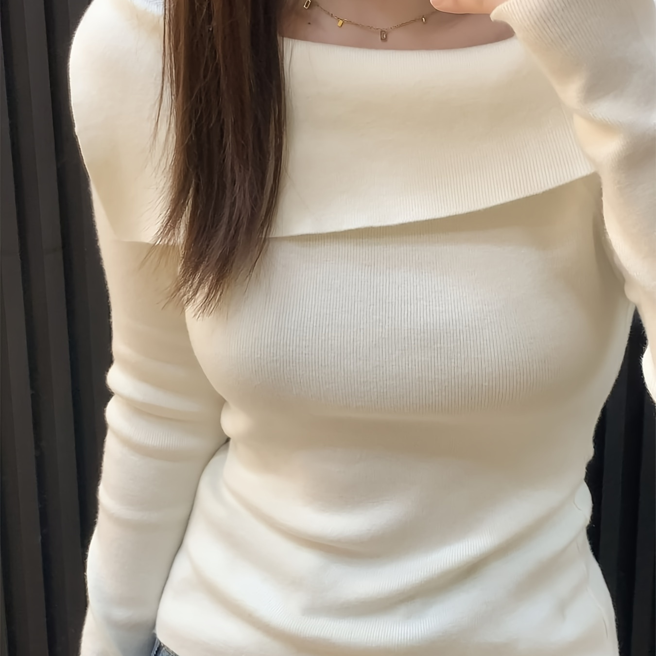 

Chic Off-shoulder Long Sleeve Knit Top - Slimming Solid Color, Layering - Women'