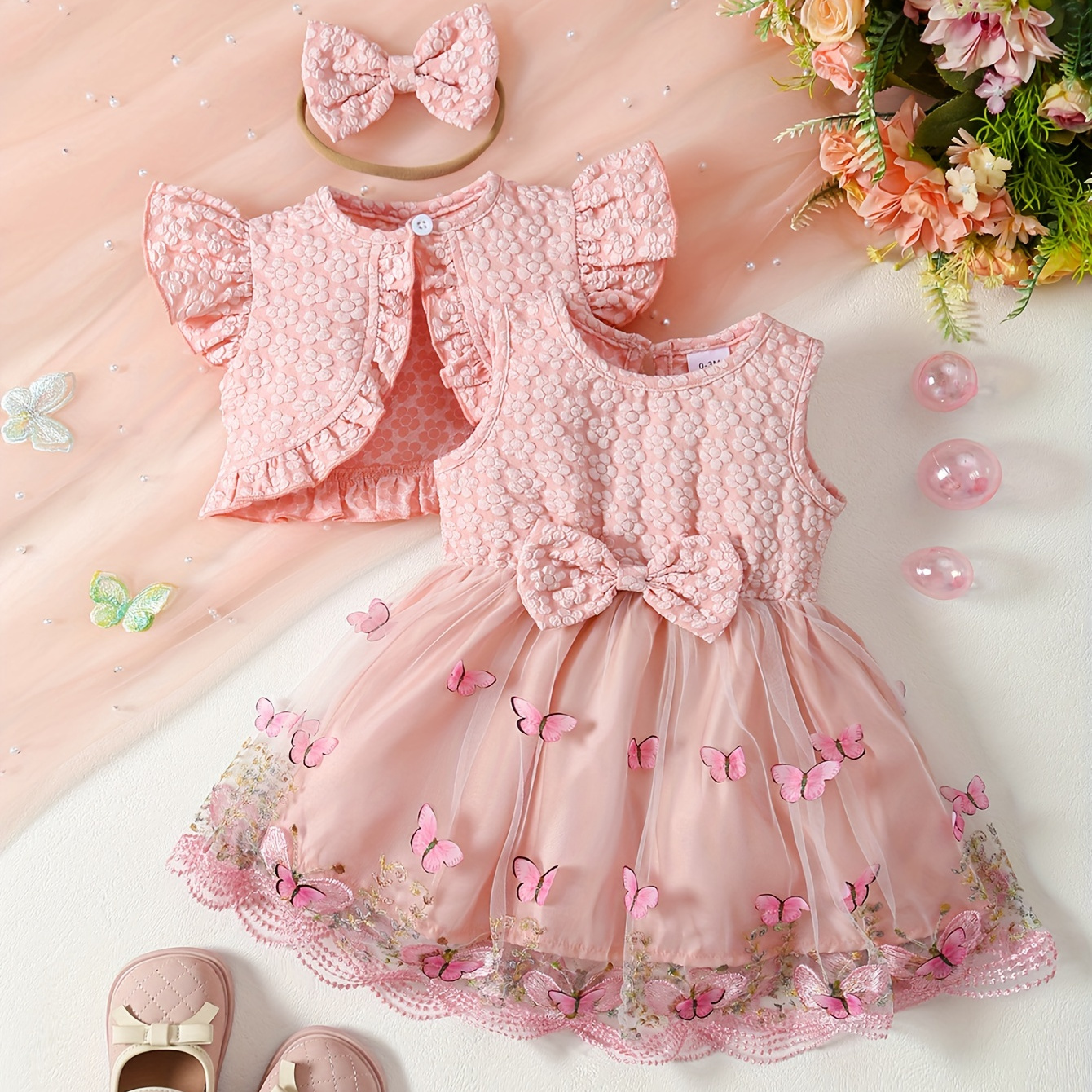 

Baby's Butterfly Embroidered 2pcs Elegant Summer Outfit, Flower Jacquard Cardigan & Bowknot Headwear & Sleeveless Mesh Princess Dress Set, Toddler & Infant Girl's Clothes For Daily/holiday, As Gift