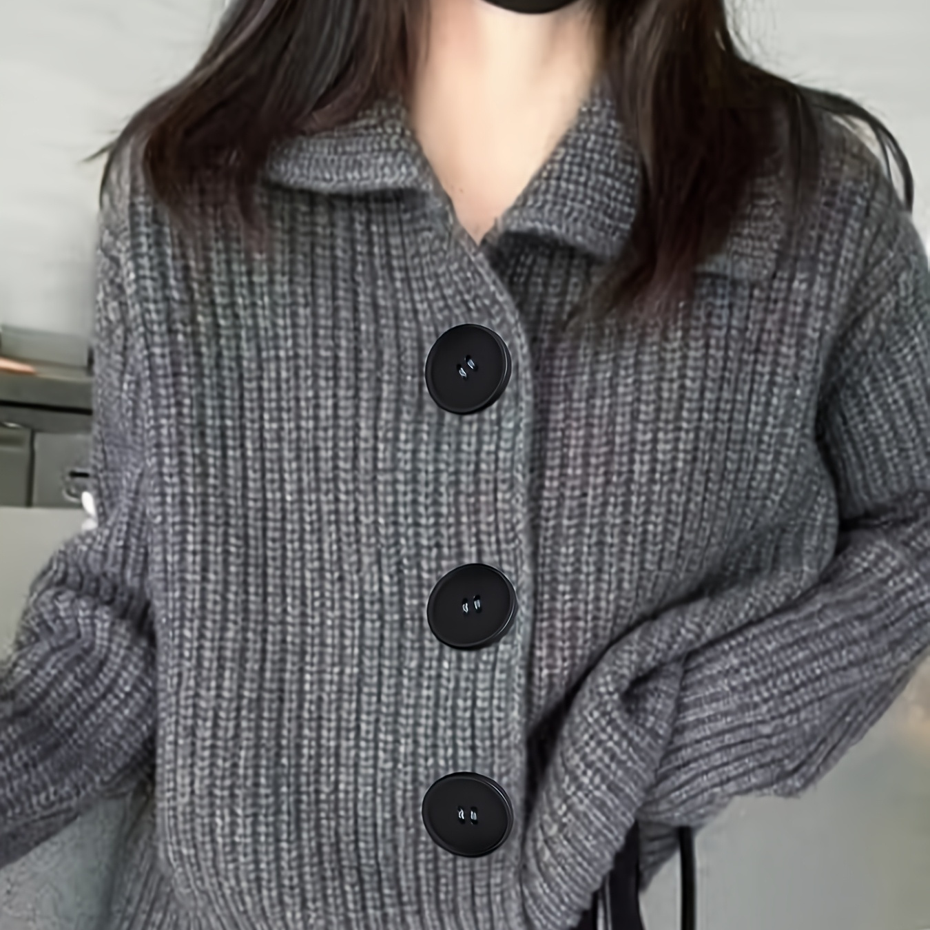 

Women's Casual Crew Neck Cardigan, Acrylic Knit Fabric, Solid Color, Rib-knit Detail, With Large Buttons For Fall/winter Sweater Jacket