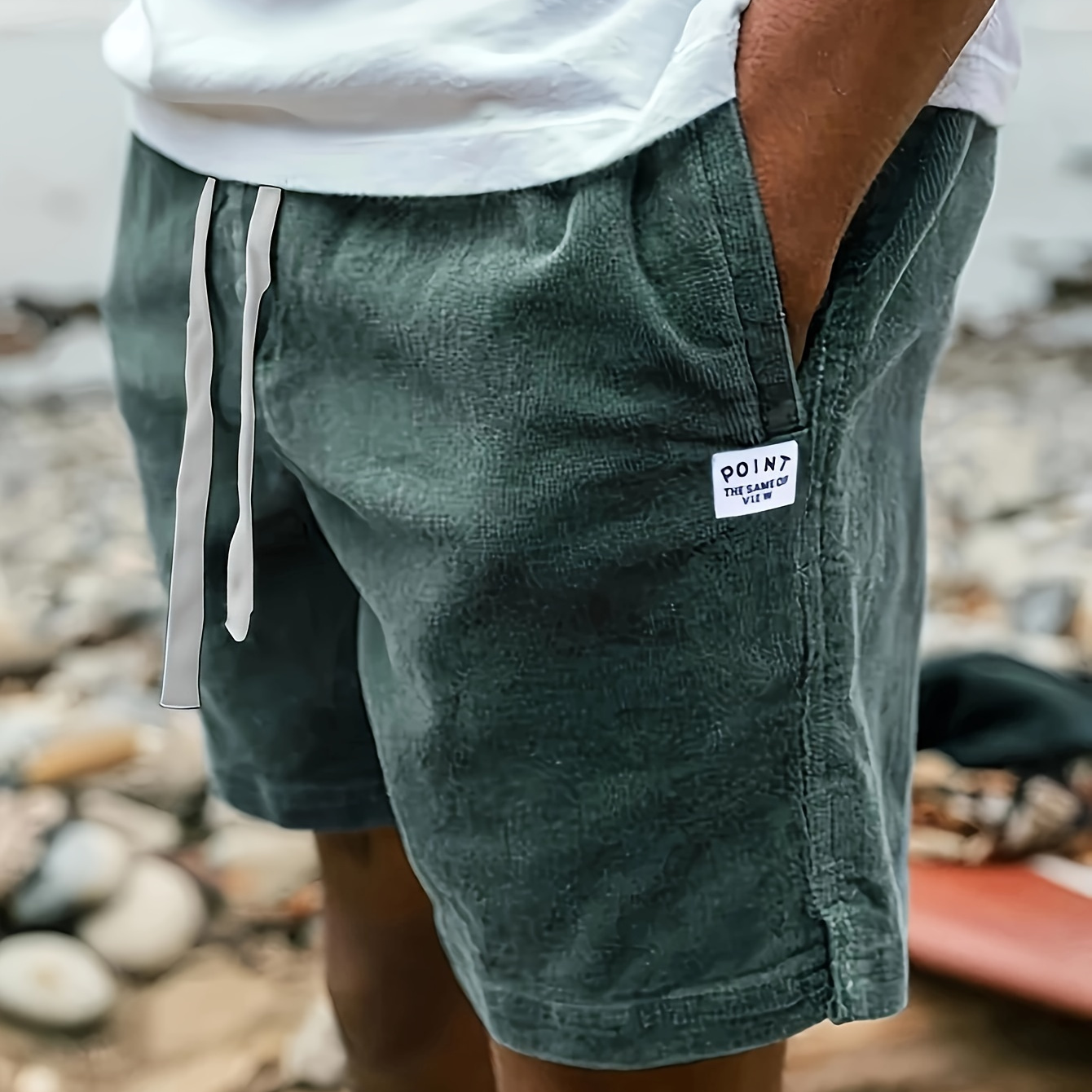 

Men's Label Patched Corduroy Shorts With Drawstrings, Casual Stylish Versatile Shorts For Summer Outdoors