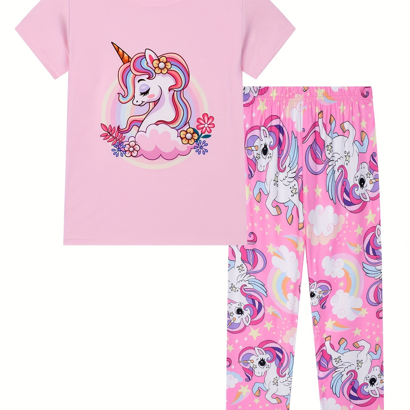 

Girls 2pcs Rainbow Unicorn Pattern Print Spring Summer Short Sleeve Crew Neck Top + Allover Print Trousers Loungewear Pajama Set