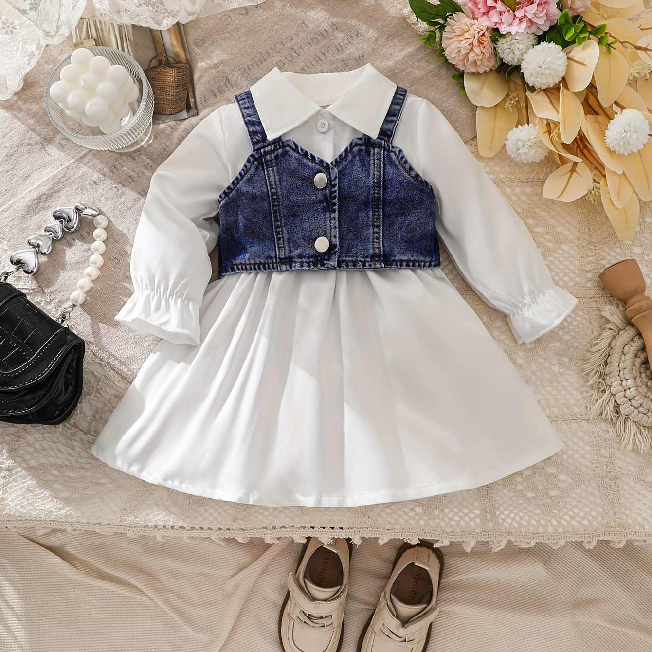 

Baby's Stylish Denim Vest Long Sleeve Dress, Sleeve Dress, Infant & Toddler Girl's Clothing For Christening & Baptism