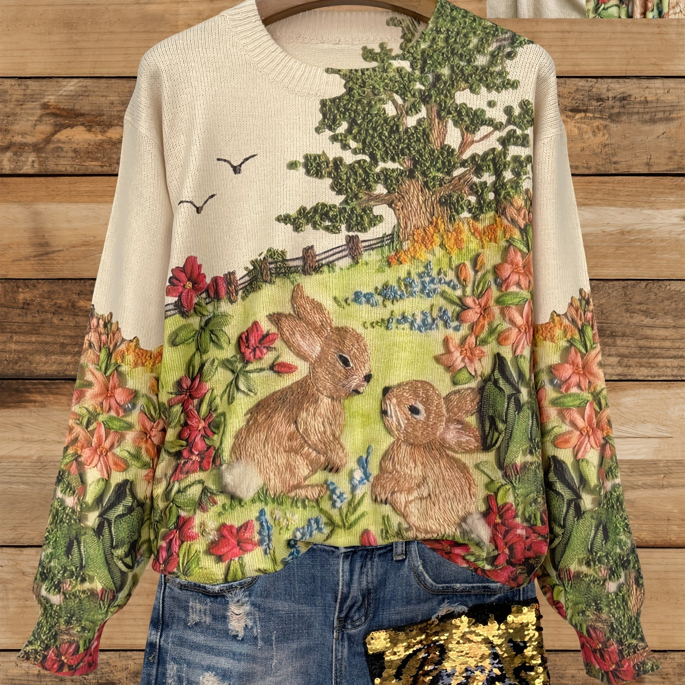 

Chic Rabbit All- Lightweight Knit Sweater - Casual Crew Neck Long Sleeve, Women', Woven-effect Print, Thin