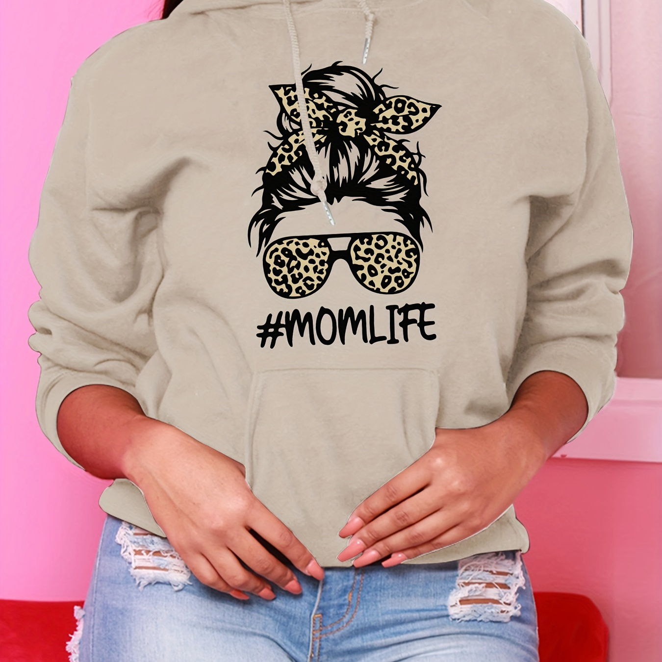 

Mom Life Print Drawstring Hoodie, Casual Long Sleeve Kangaroo Pocket Sweatshirt, Women's Clothing
