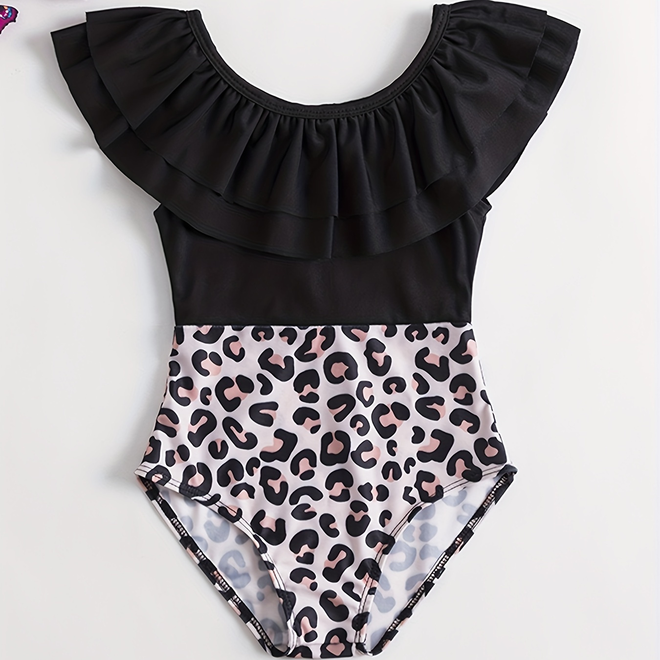 Toddler Girls Leopard Graphic Ruffle Trim Spliced One-piece Swimsuit Kids Summer Beach Clothes Bathing Suits