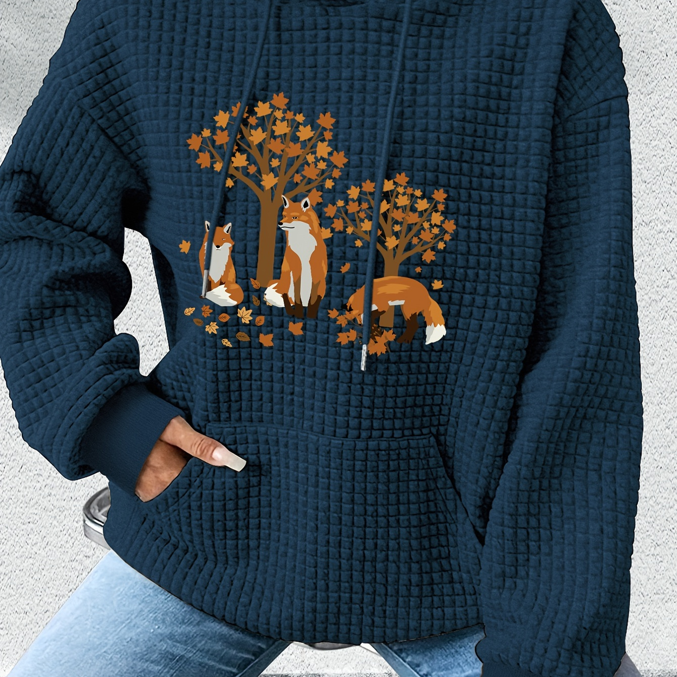 

1pc Sweat à capuche décontracté pour femme avec imprimé renard, pull en en polyester avec appliqué animal, sweat à capuche d'automne/hiver