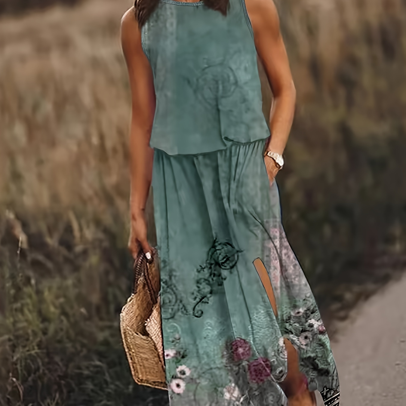 

Floral Print Split Tank Dress, Vintage Sleeveless Cinched Waist Dress For Spring & Summer, Women's Clothing