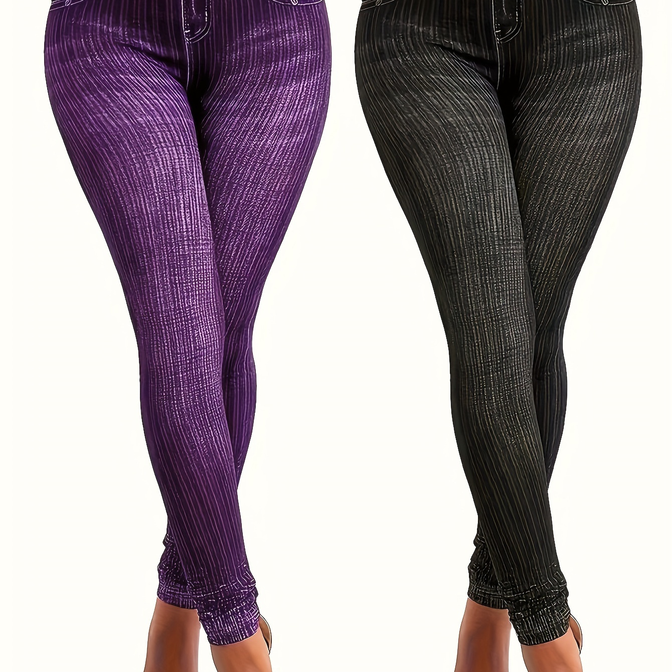 

2pcs Grande Taille Lavé Moustache Violet & Noir Couleur Décontracté Coupe Skinny Faux Denim Pantalons, Faux Jeans & Vêtements Pour Femme Pour L'automne