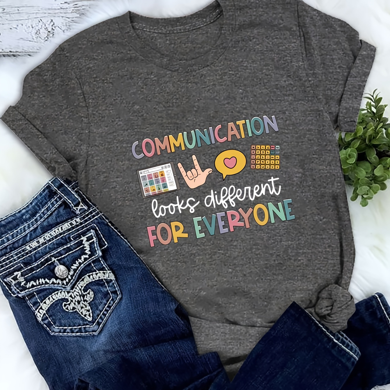 

Plus Size Communication Print T-shirt, Casual Short Sleeve Crew Neck Top For Spring & Summer, Women's Plus Size Clothing