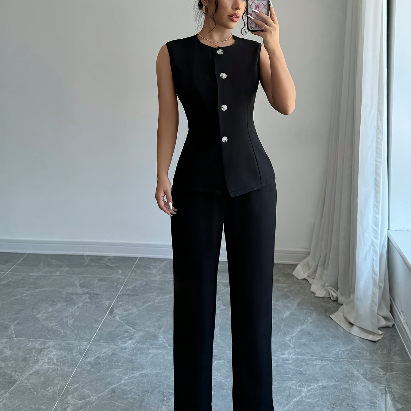 

Elegant Crew Neck Pantsuit, Solid Color Sleeveless Suit, Polyester Woven Fabric, Chic Office Wear For Women, For Spring/fall