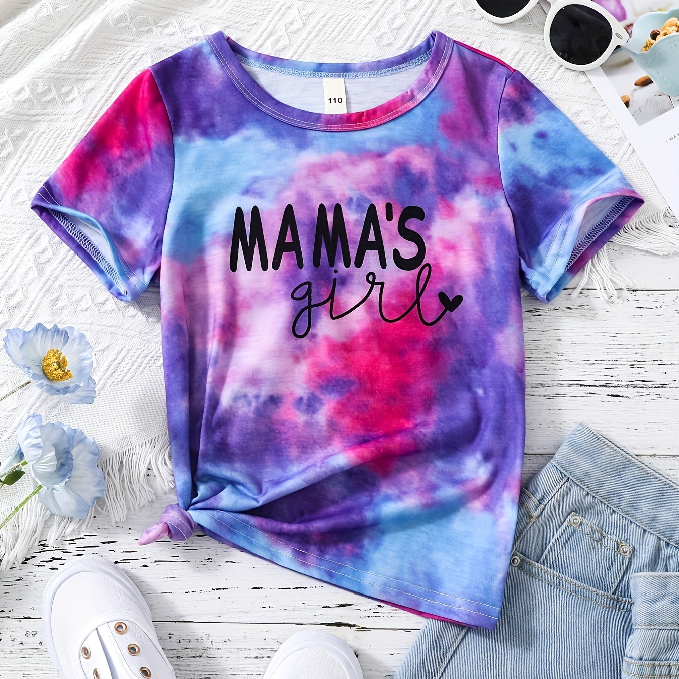 Trendy Tie Dye MAMA'S GIRL Letter Print Girls Creative T-shirt, Casual Lightweight Comfy Short Sleeve Crew Neck Tee Tops, Kids Clothings For Summer