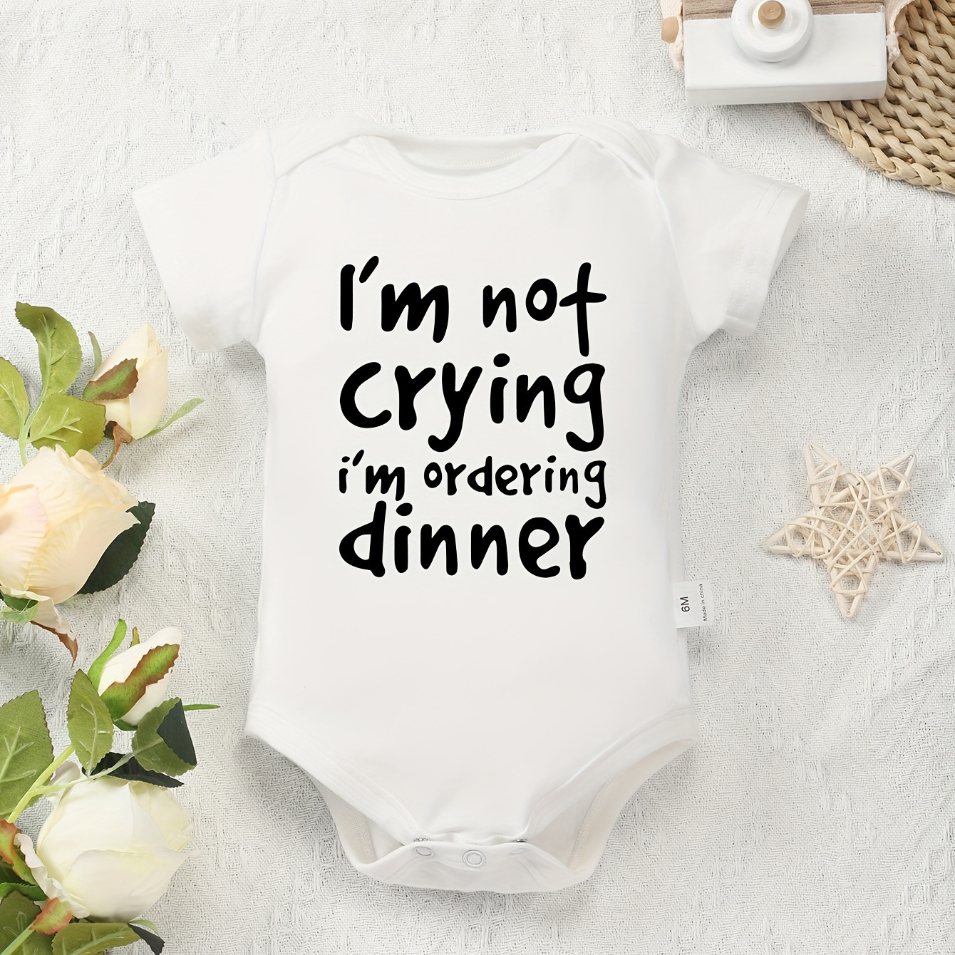 

100% Cotton Onesie - " , I'm Ordering Dinner" Funny Letter Print, Soft & Comfortable Round Neck Romper For , Machine Washable Summer Bodysuit, Clothes, Outdoor