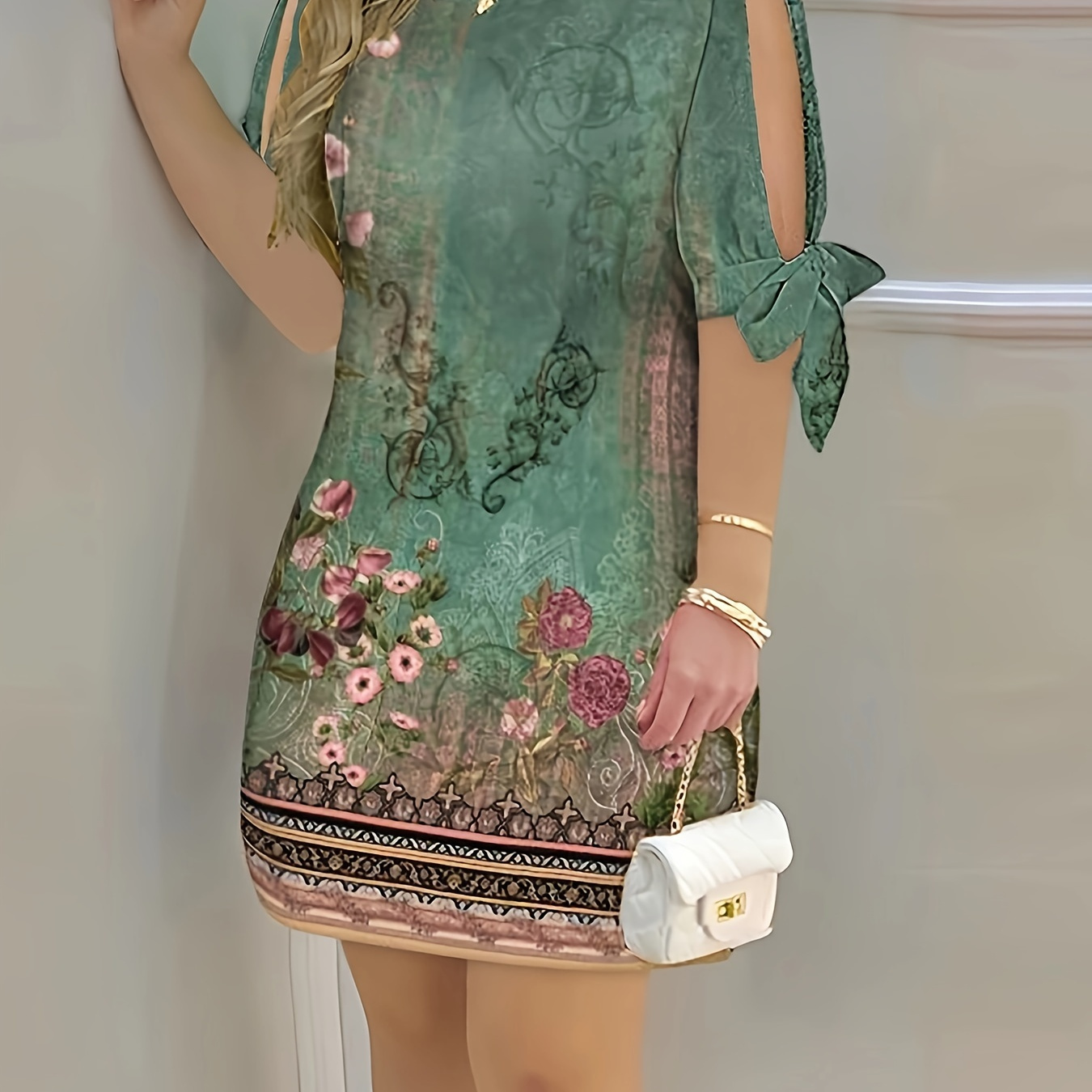 

Floral Print Mini Dress, Elegant Split Short Sleeve Dress, Women's Clothing