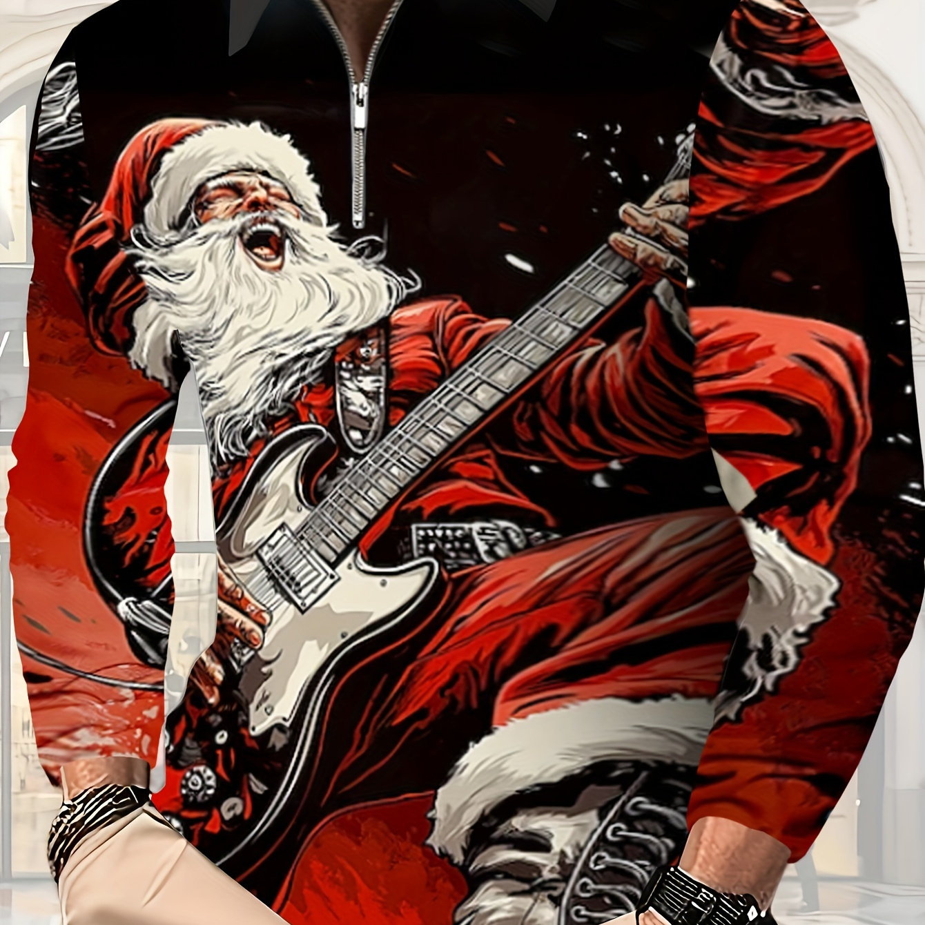 

Men's Festive Santa Claus Guitar Print Shirt - Casual Long Sleeve, Knit Fabric With Metal Chain Detail, Fall & Winter Parties