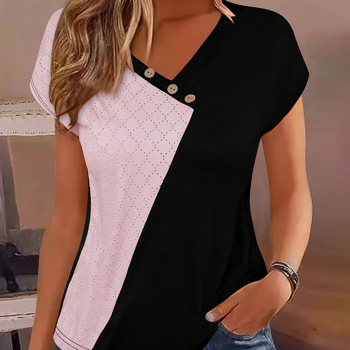 

Color Block Button Decor T-shirt, Casual Short Sleeve T-shirt For Spring & Summer, Women's Clothing