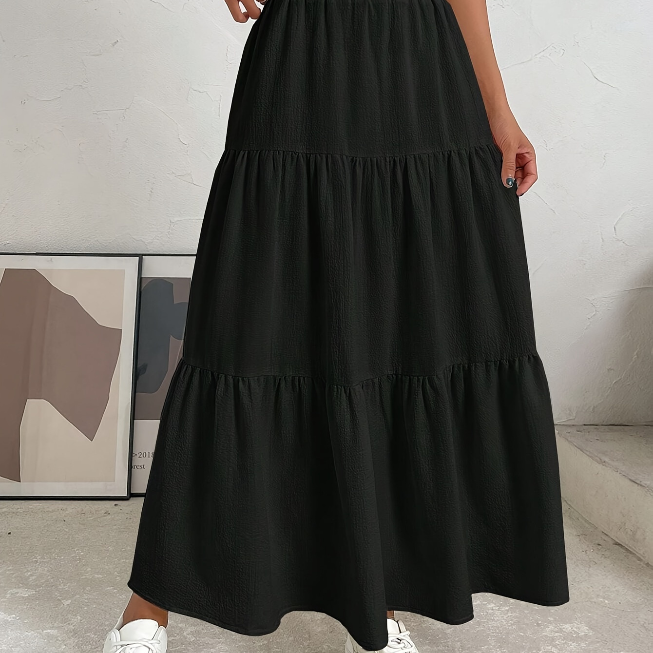 

Solid Elastic High Waist Skirt, Casual A-line Tiered Skirt For Spring & Summer, Women's Clothing