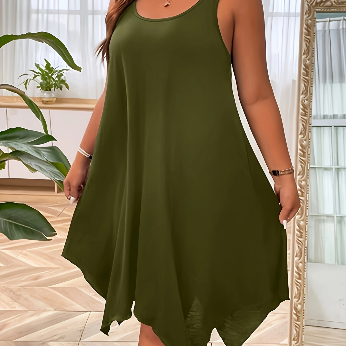 

Women's Plus Casual Sleep Dress, Plus Size Solid Round Neck Asymmetrical Hem Double Strap Cami Nightdress