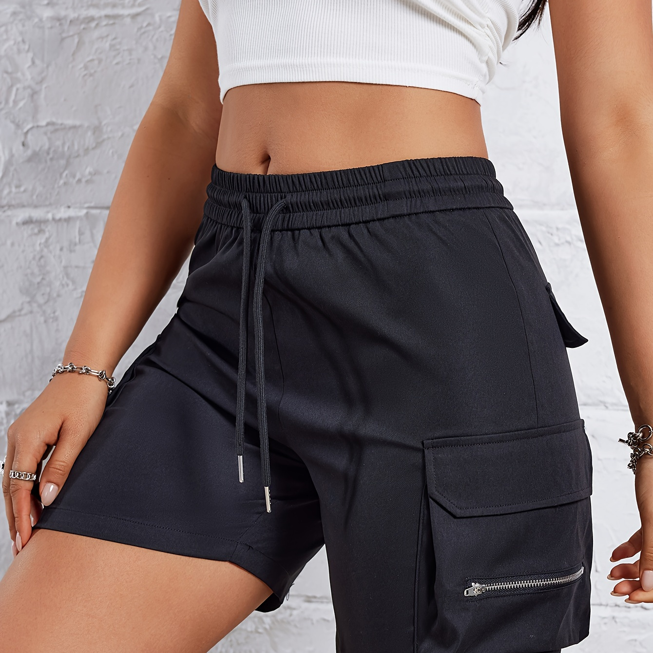 

Solid Flap Pocket Drawstring Cargo Shorts, Casual Elastic High Waist Loose Shorts, Women's Clothing