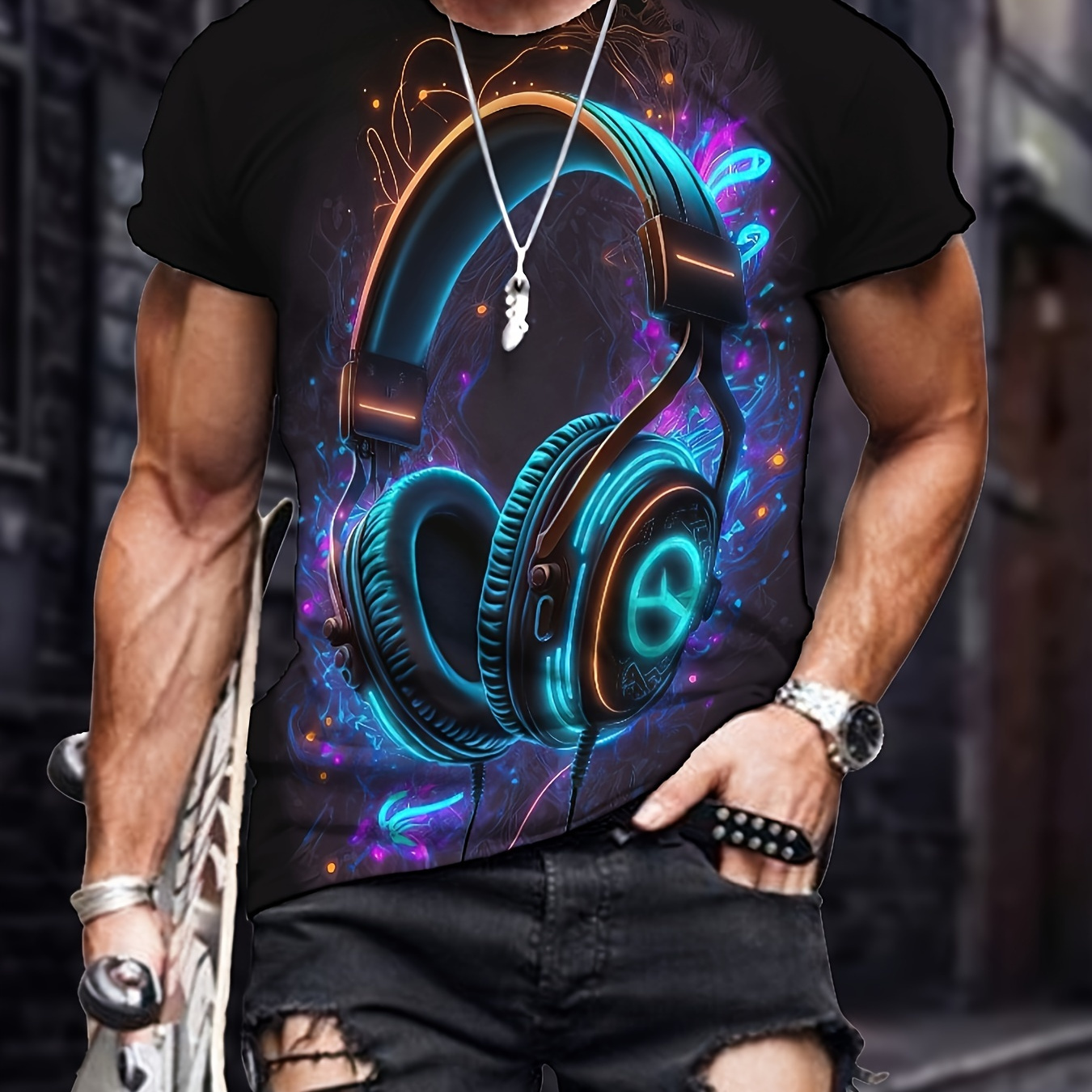 

T-shirt estivale décontractée à col rond imprimée en 3D avec un motif d'écouteurs originaux pour hommes, idéale pour une tenue quotidienne et les vacances à la plage.