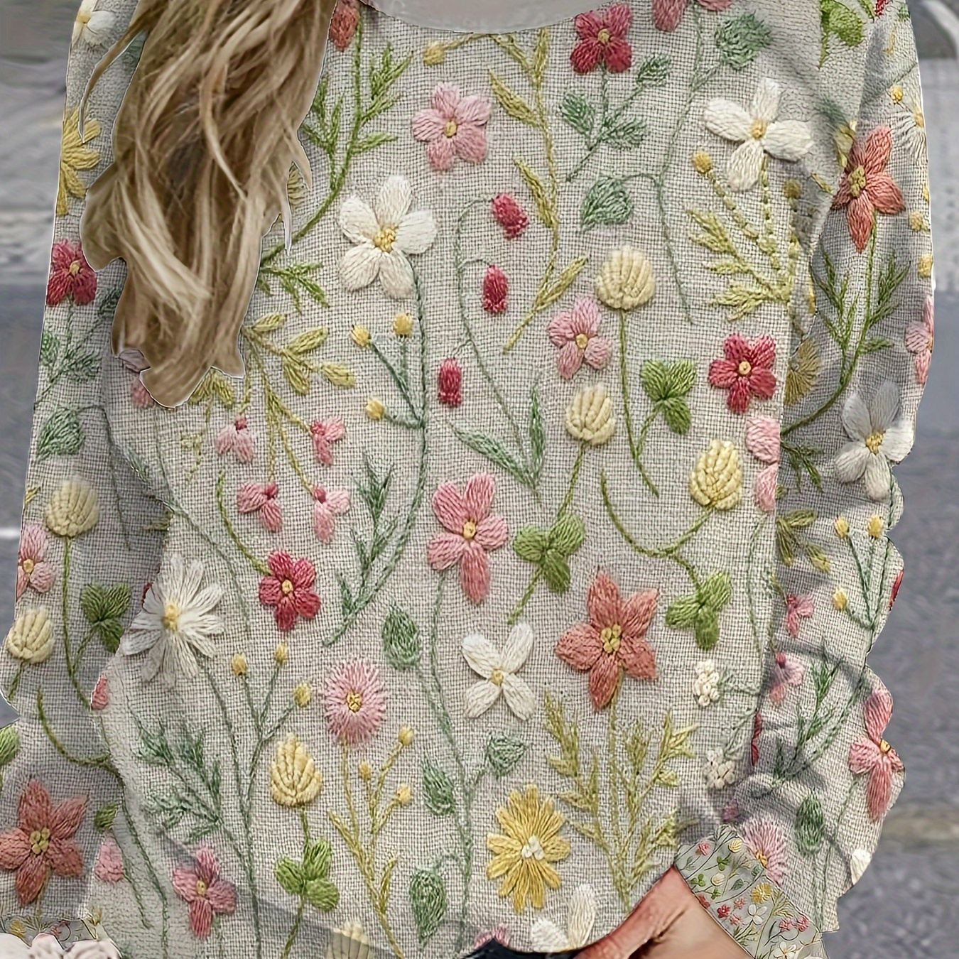 

Floral Print Quilted Knit Pullover Sweatshirt For Women - Casual Polyester Crewneck, Machine Washable, Wear