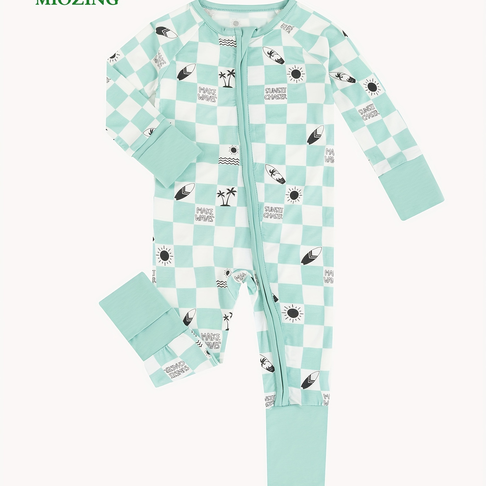 

Miozing Bamboo Fiber Bodysuit For Baby, Checkerboard Coconut Tree Sun Pattern Long Sleeve Onesie, Infant & Toddler Girl's Romper