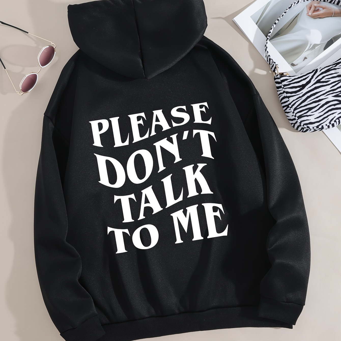 

Plus Size Casual Sweatshirt, Women's Plus Simple Slogan Print Long Sleeve Drawstring Hoodie With Pockets