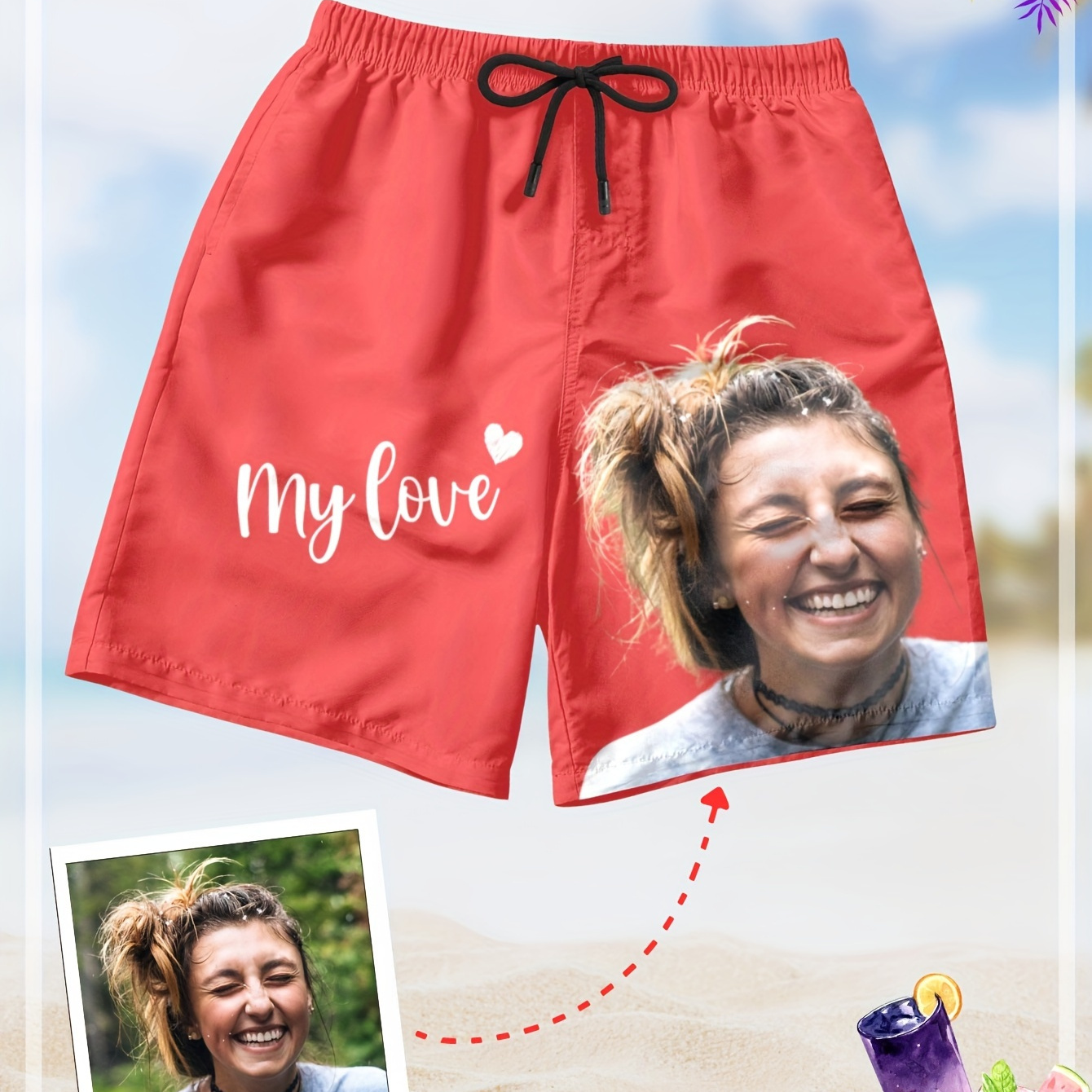 

Customized Shorts With Personalized Portrait Photo Print, Heart Graphic And Letter Pattern "my Love" Board Shorts For Men's Summer Holiday And Beach Wear, Trendy Shorts As Gifts