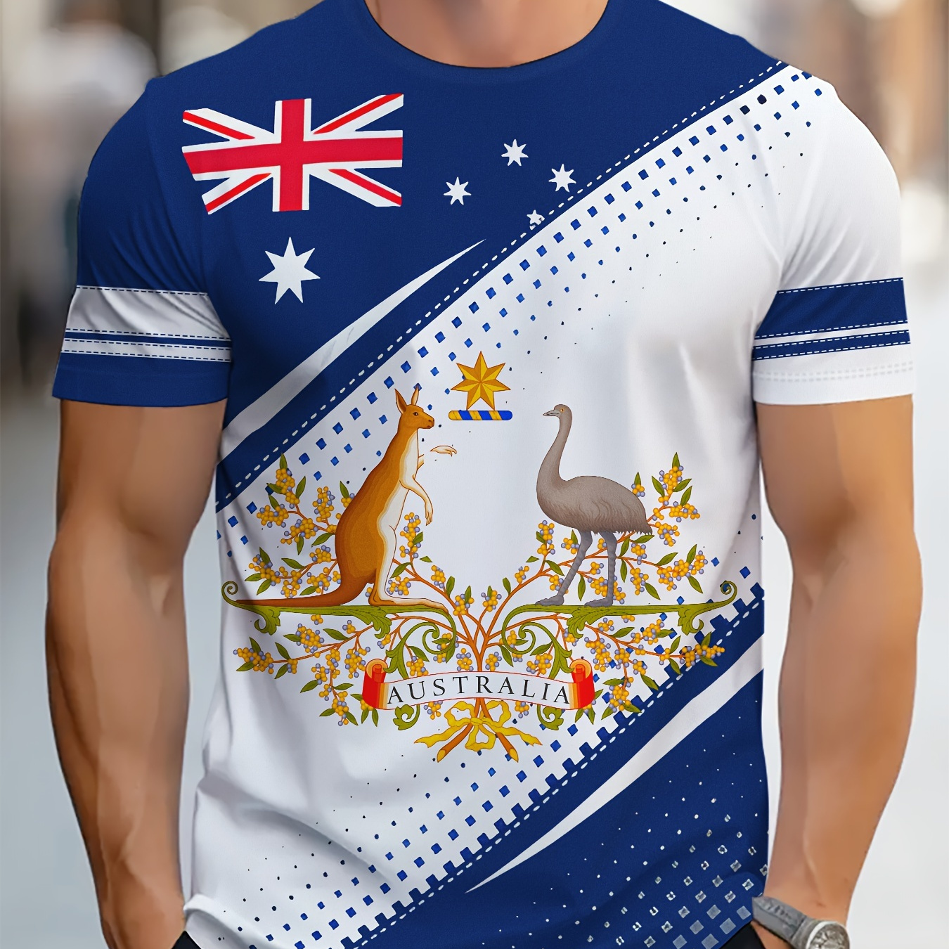 

Men's Flag & Kangaroos Graphic Short Sleeve T-shirt For Summer, Casual Comfy Tops As Gift