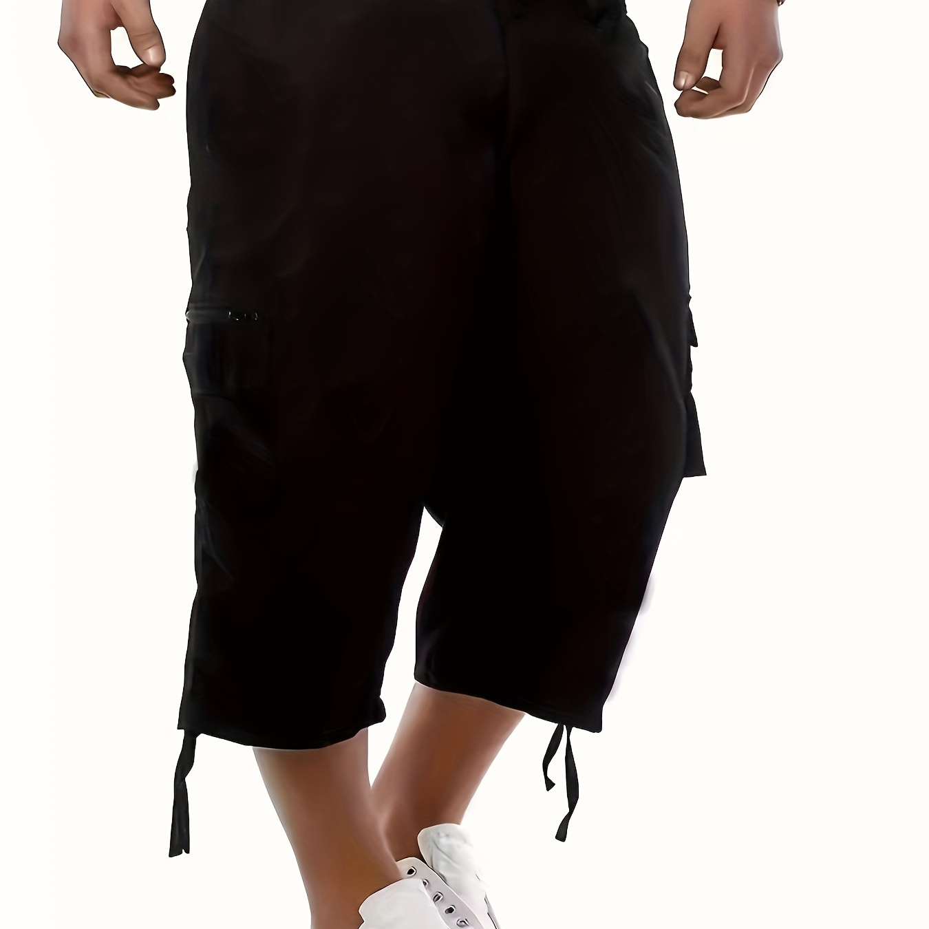 

Men's Casual Cargo Capri Pants With Multiple Pockets, Outdoor Workwear Style, Loose Mid-calf Length Shorts With Drawstring Hem, Old Money Style