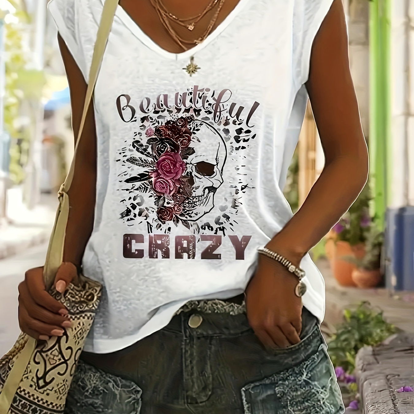

Skull Print V Neck T-shirt, Short Sleeve Casual Top For Spring & Summer, Women's Clothing