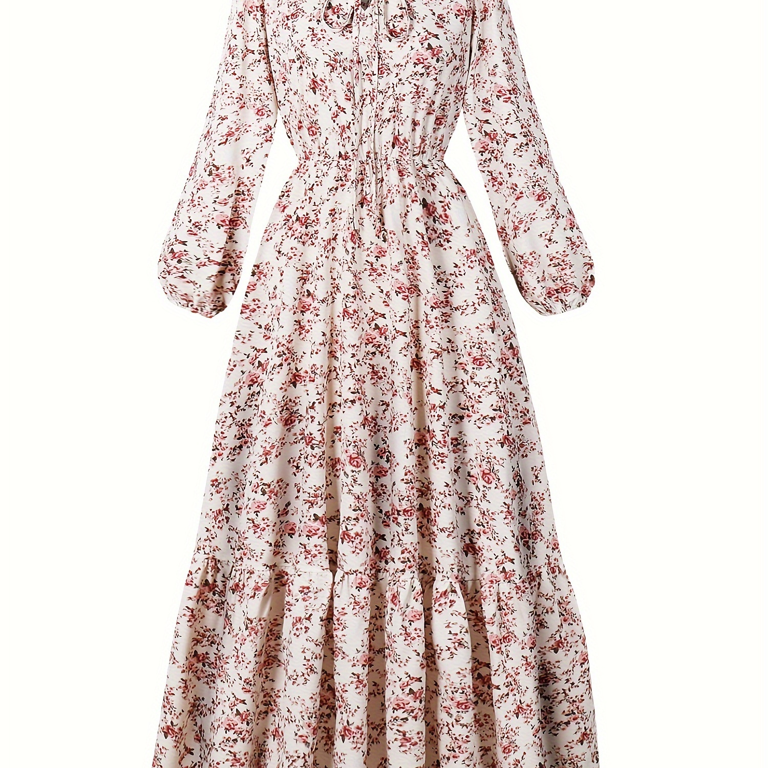 

1pc Elegant Floral Print V-neck Long Sleeve Dress For Women - 100% Polyester A-line Dress For Spring/summer/fall - Print Woven Party Dress