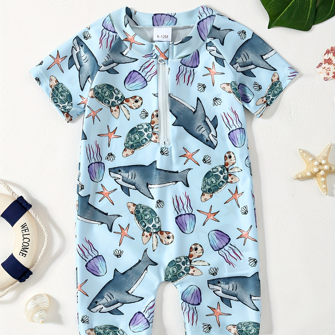 

Toddler Kid's Cartoon Shark & Jellyfish Pattern One-piece Swimsuit, Stretchy Bathing Suit, Baby Boy's Swimwear For Beach Vacation