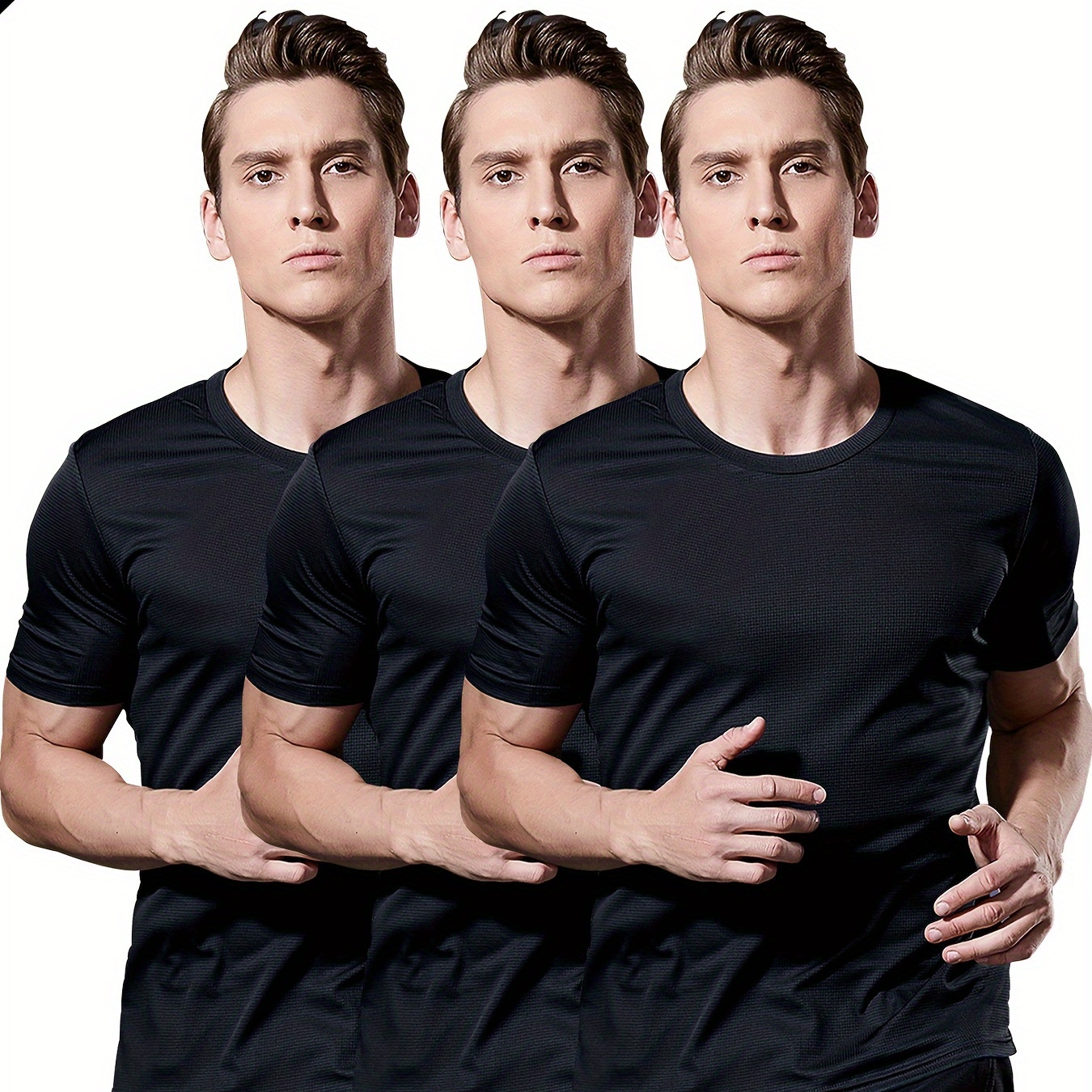 

3pcs/set Men's Quick Drying Shirt, Short Sleeve Slightly Stretch Crew Neck Sweat-absorbing Undershirts For Men's Fitness Training