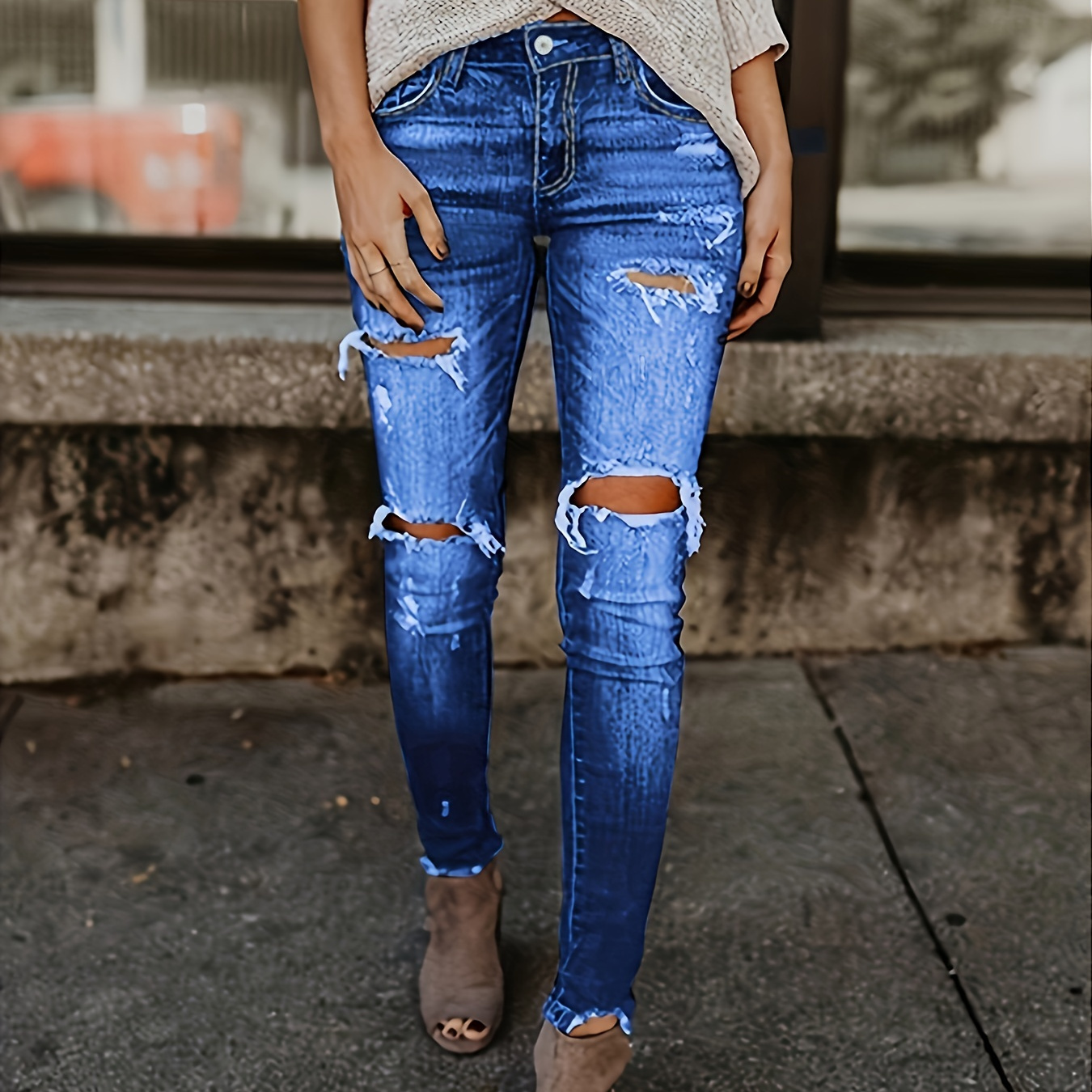 

Blue Ripped Skinny Jeans, Distressed Slim Fit Slash Pockets Raw Hem Denim Pants, Women's Denim Jeans & Clothing