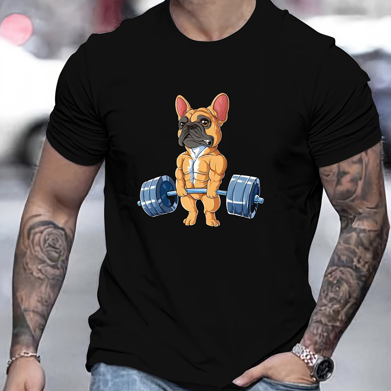 

Bulldog Weightlifting Print T Shirt, Tees For Men, Casual Short Sleeve T-shirt For Summer