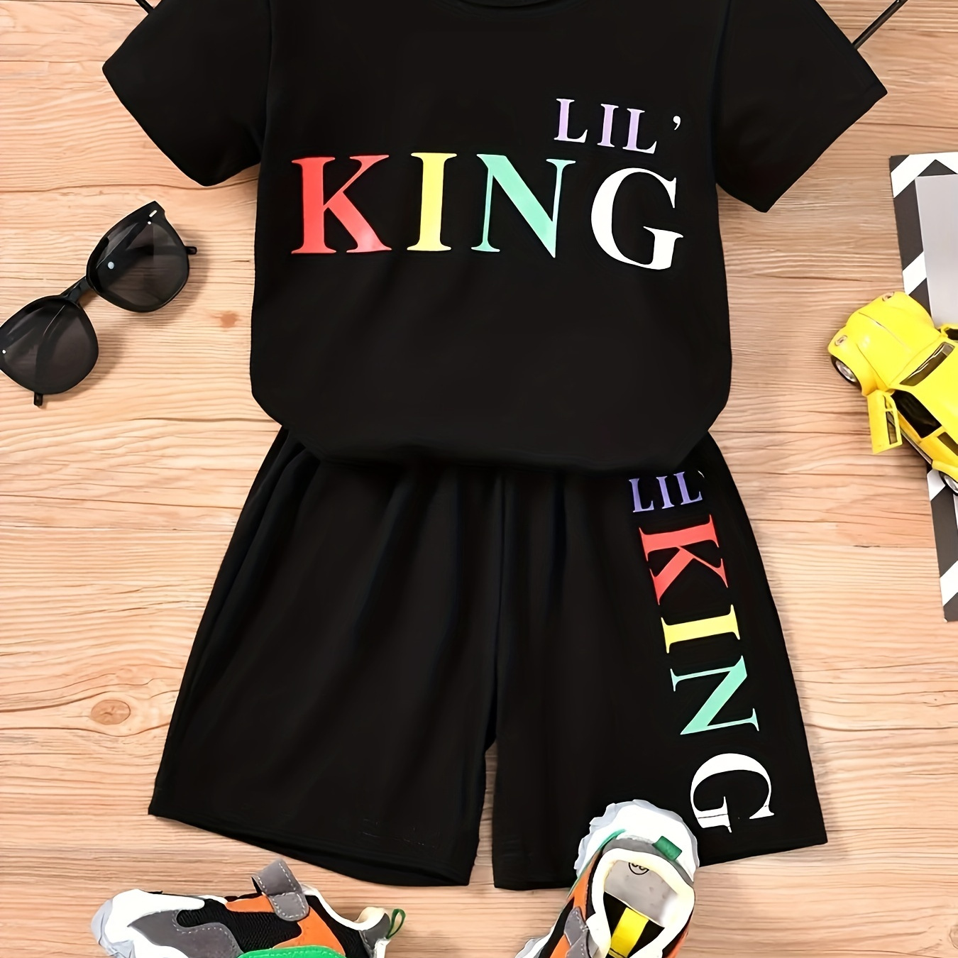 

2pcs Toddler Boy's Lil King Colorful Letter Print Outfit, Tee Top & Shorts Set, Toddler Summer Clothing