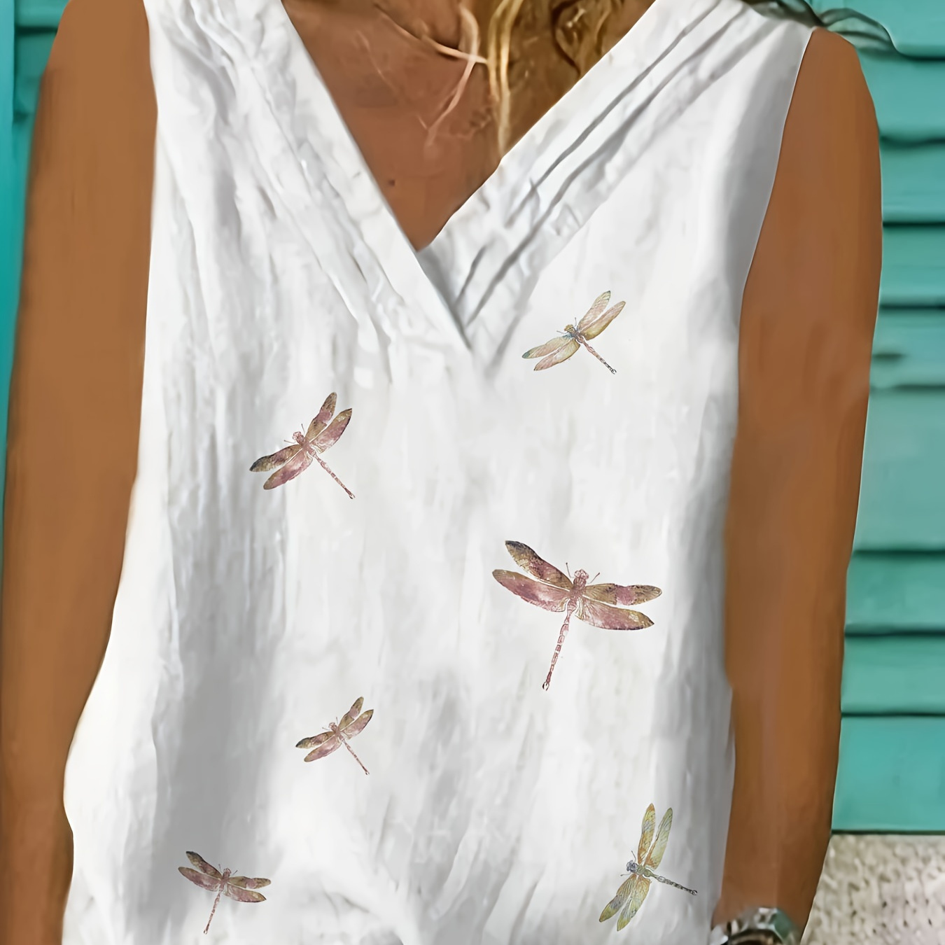 

Dragonfly Print Tank Top, Casual V Neck Vest For Summer, Women's Clothing