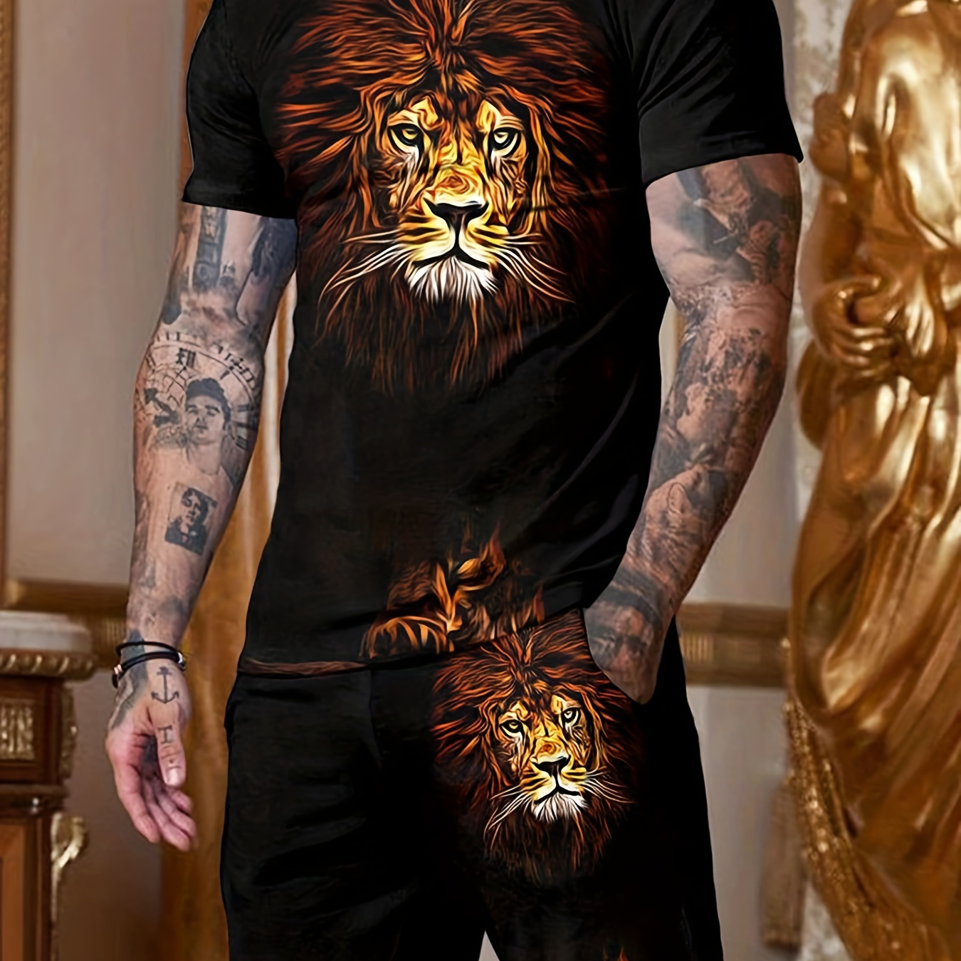 

3d Lion Pattern Print, Men's 2pcs Outfits, Casual Crew Neck Short Sleeve T-shirt And Drawstring Shorts Set For Summer, Men's Clothing Loungewear