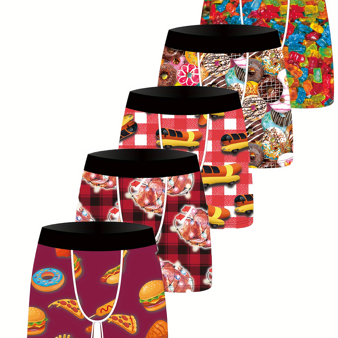 

Stylish High Quality Series - 5 Pcs Men's Donut Pizza Hamburger Snack Print Stretchy Boxer Briefs - Comfy & Quick- Drying & Breathable Underwear Set