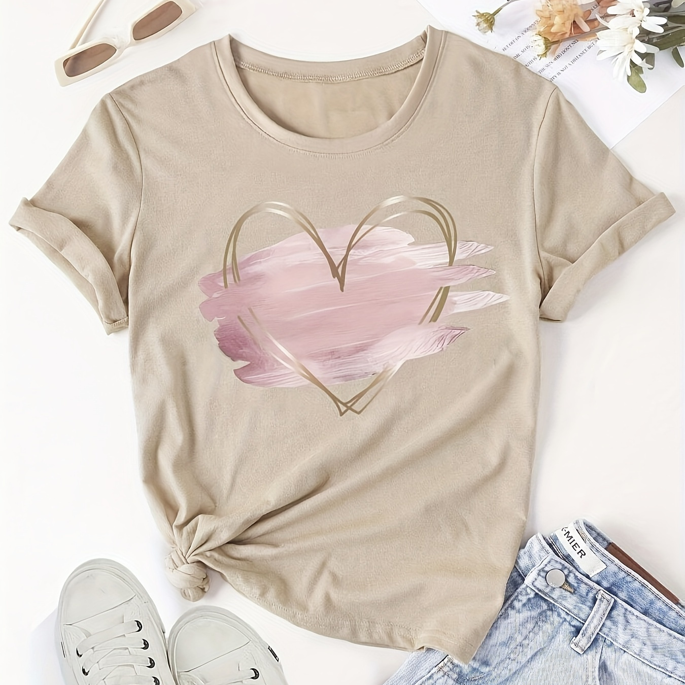 

Heart Neck T-shirt, Casual Short Sleeve T-shirt For , Women's Clothing