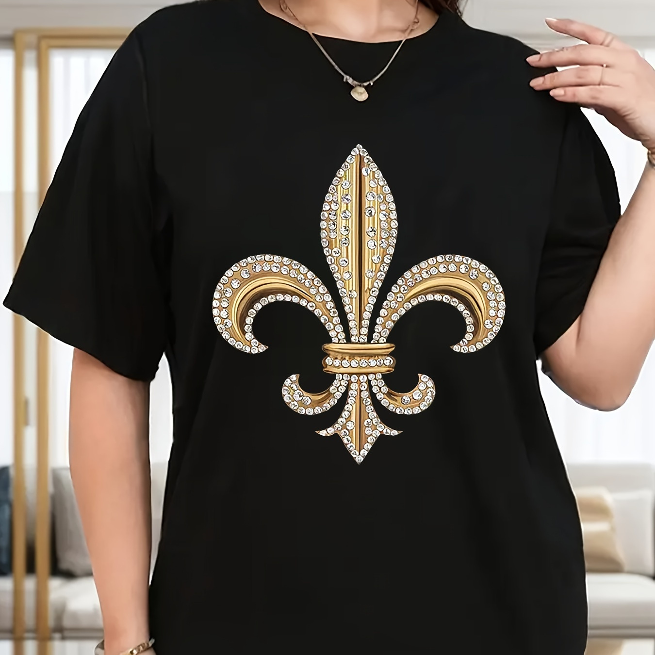 

1pc Plus-size Casual T-shirt With Geometric Print, Round Neck, Polyester Knit Fabric, For Women - All