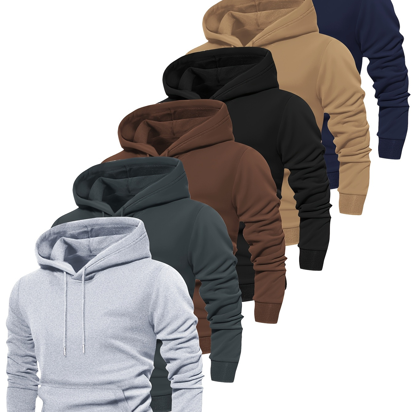 

6pcs Men's Long Sleeve Hoodies, 100% Polyester Solid Color Pullover With Drawstring And Kangaroo Pocket, Adjustable Hood, Ribbed Cuffs & Hem, Regular Fit For Casual Sports Jogging - Spring/fall