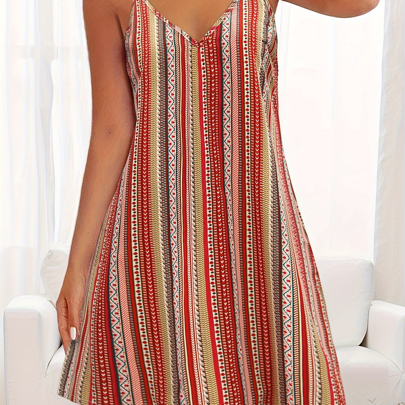 

Striped Print V-neck Cami Dress, Boho Sleeveless Dress For Spring & Summer, Women's Clothing