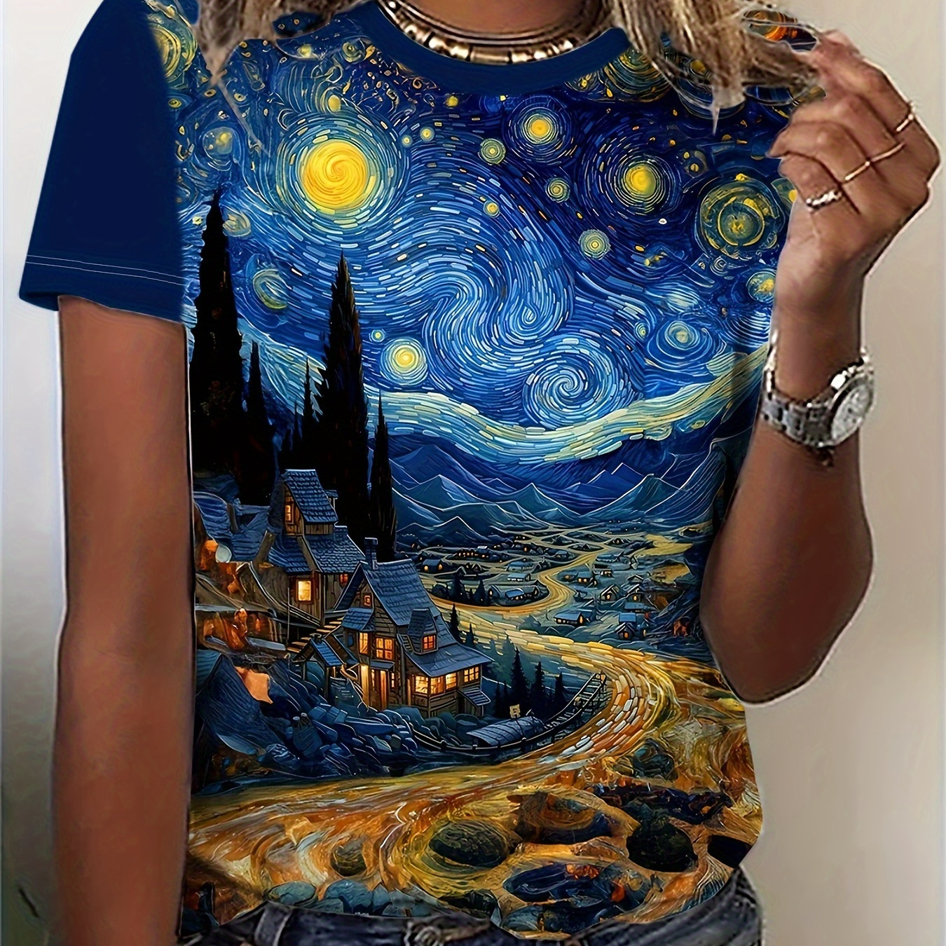 

Starry Sky Print Crew Neck T-shirt, Casual Short Sleeve T-shirt For Spring & Summer, Women's Clothing