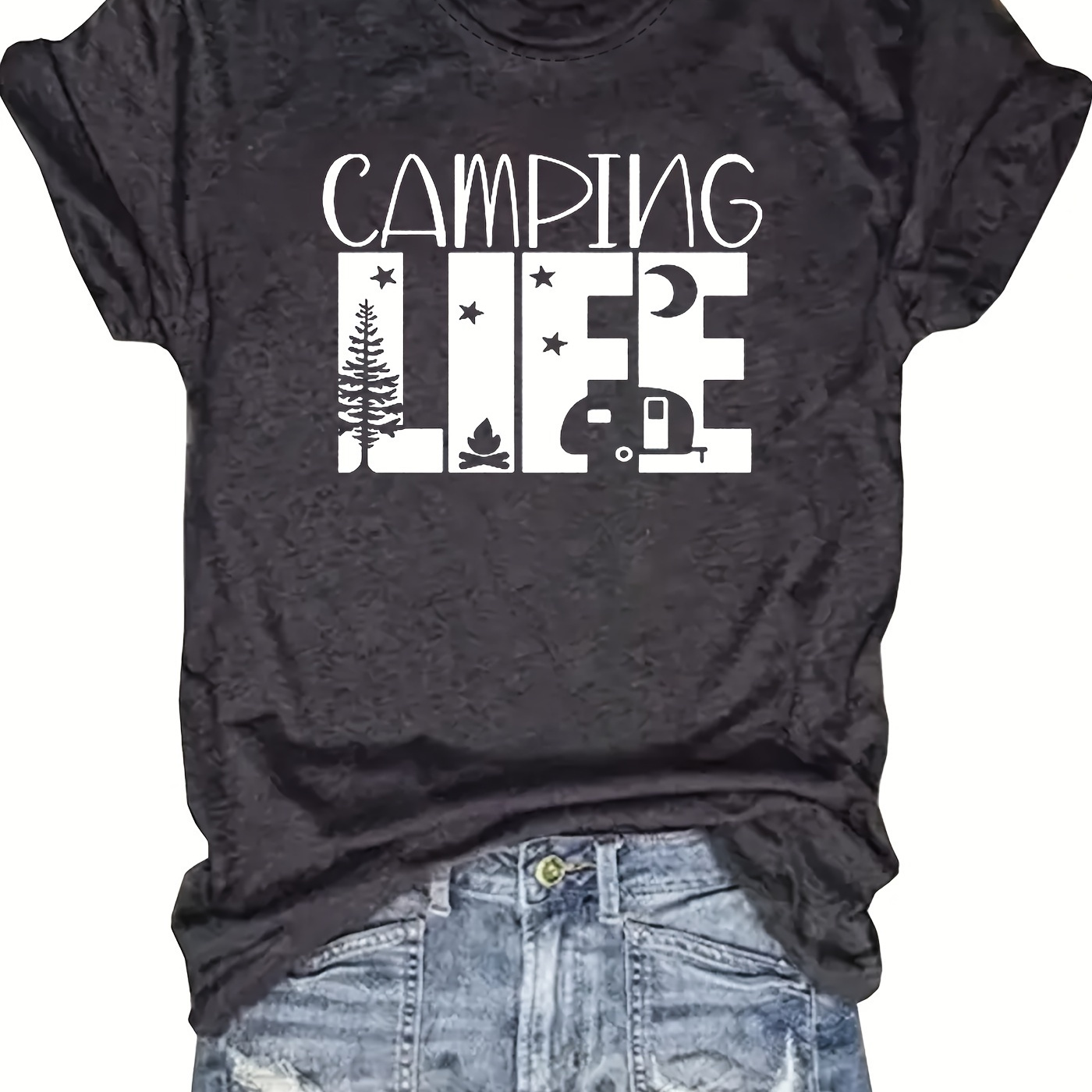 

Camping Life Print T-shirt, Casual Crew Neck Short Sleeve Top For Spring & Summer, Women's Clothing