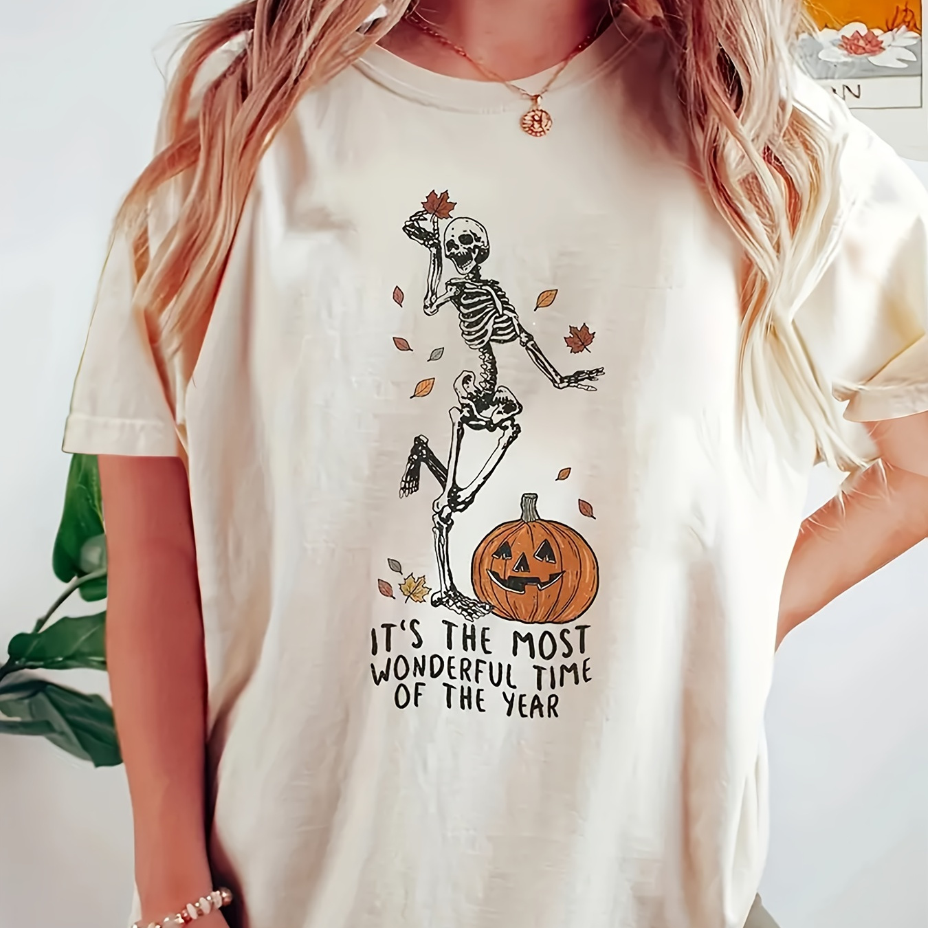 

Skeleton & Pumpkin Print Crew Neck T-shirt, Casual Short Sleeve Top For Spring & Summer, Women's Clothing
