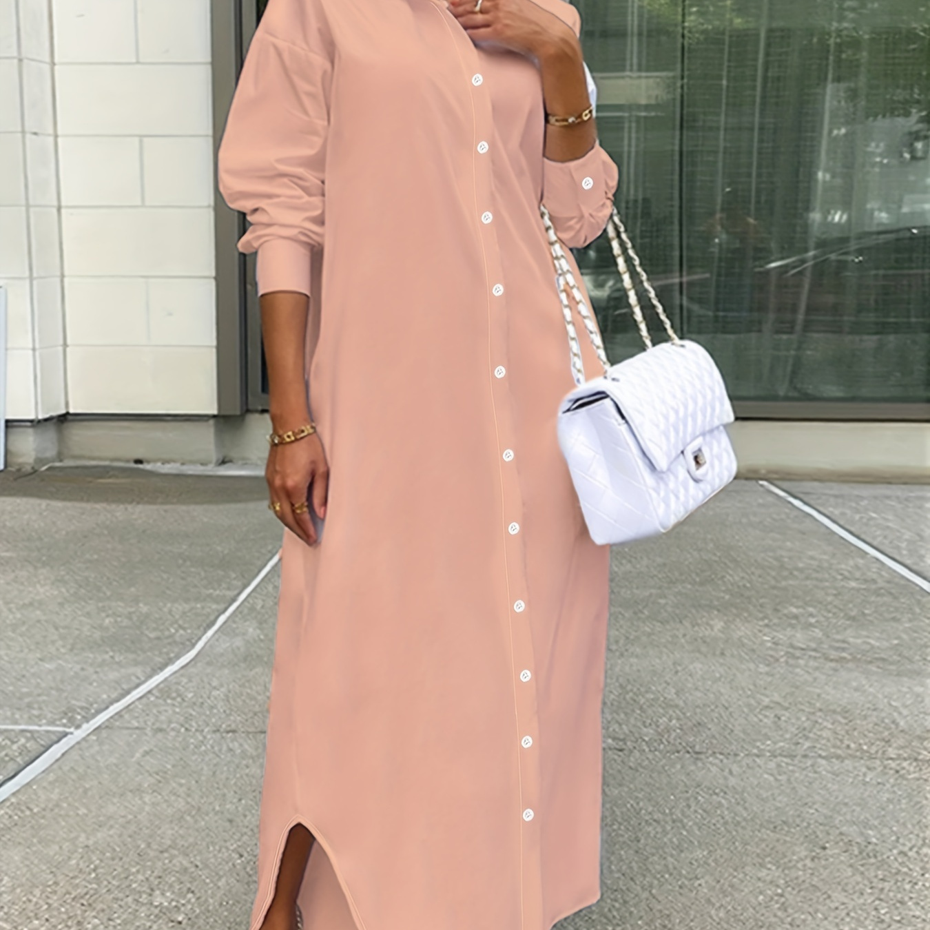 

Elegant Long Solid Color Shirt Dress With Lapel Collar - Casual, Machine Washable, Polyester & Spandex For Women