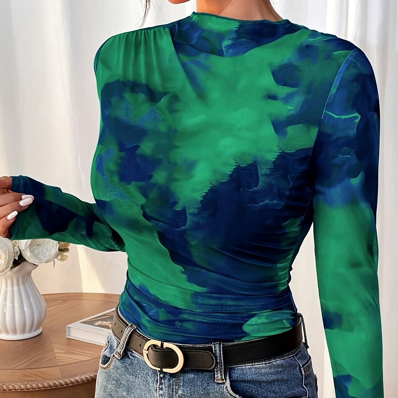 

Elegant Tie-dye High Neck Long Sleeve T-shirt For Women - 95% Polyester 5% Elastane Knit Fabric, Regular Length, Wear