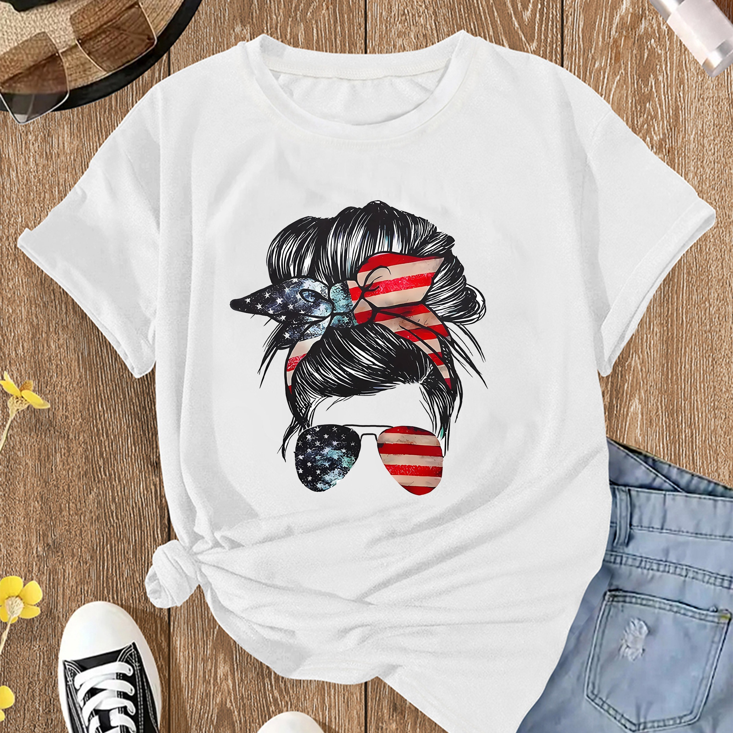 

American Flag Neck T-shirt, Casual Short Sleeve T-shirt For , Women's Clothing