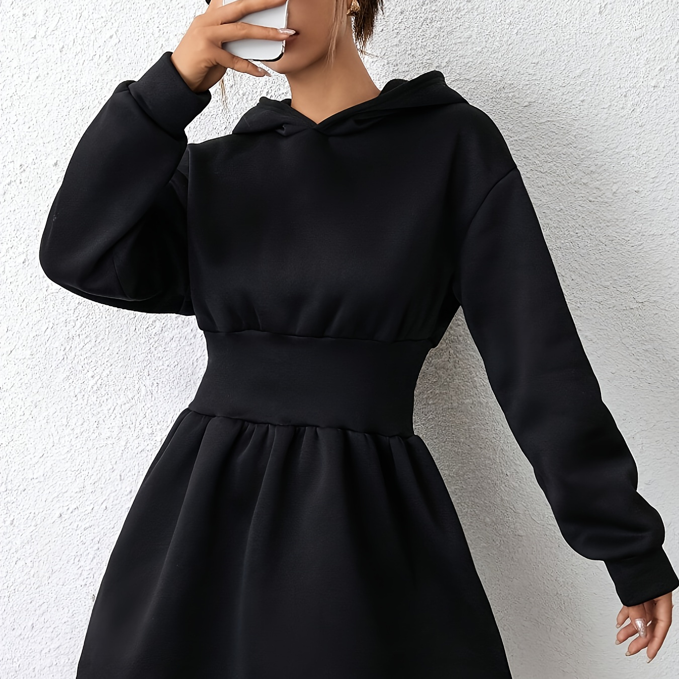 

Robe à capuche de couleur unie, robe décontractée de style urbain à manches longues et taille cintrée pour l'automne et l'hiver, vêtements pour femmes